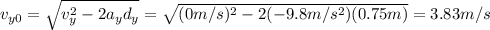 v_{y0}=\sqrt{v_y^2-2a_yd_y}=\sqrt{(0m/s)^2-2(-9.8m/s^2)(0.75m)}=3.83m/s