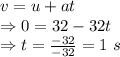 v=u+at\\\Rightarrow 0=32-32t\\\Rightarrow t=\frac{-32}{-32}=1\ s