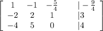 \left[\begin{array}{cccc}1&-1&-\frac{5}{4} &\:\:\:\:\:\:|-\frac{9}{4} \\-2&2&1&|3\\-4&5&0&|4\end{array}\right]