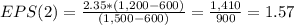 EPS(2)=\frac{2.35*(1,200-600)}{(1,500-600)} =\frac{1,410}{900} =1.57