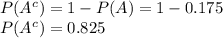 P(A^{c})=1-P(A)=1-0.175\\P(A^{c})=0.825