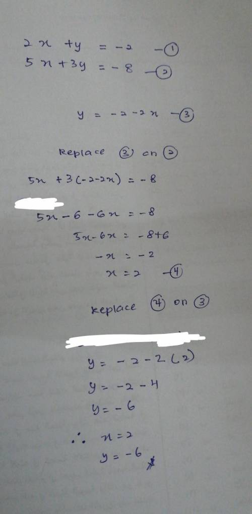 Solve using substitution method 2x+y= -2 5x+3y= -8