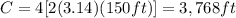 C=4[2(3.14)(150ft)]=3,768ft