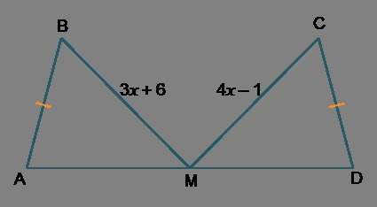 Mis the midpoint of ad. what value of x will make triangles abm and dcm congruent? 3 5 7 9