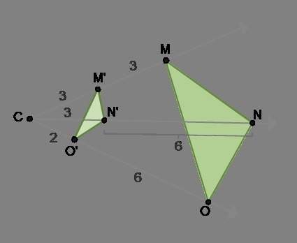 Determine whether triangle m'n'o' is a dilation of triangle mno. the transformation is -an enlargeme