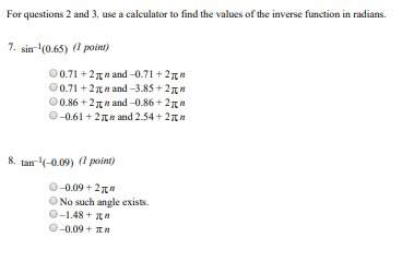For questions 2 and 3, use a calculator to find the values of the inverse function in radians. image