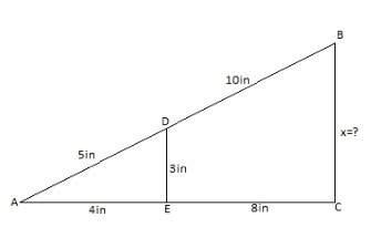 In the given figure, in triangle ade, ad = 5inches, ae = 4inches, de = 3inches. also, db = 10inches