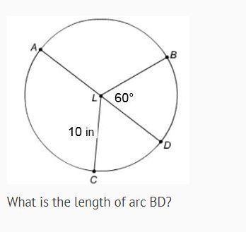 What is the length of arc bd? a. 5.23 in. b. 20.6 in. c. 120 in d. 10.47