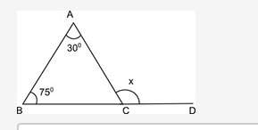 Plz ! in the figure shown, what is the measure of angle x? 150 degrees 110 degrees 105 degrees 10