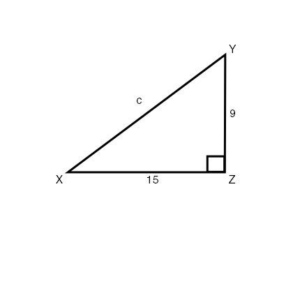 Given the following triangle, find c. shown: a right triangle xyz, with z being the right angle and