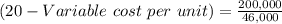 (20 - Variable\ cost\ per\ unit) = \frac{200,000}{46,000}
