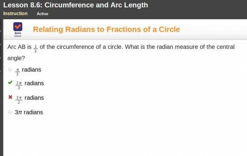 Arc ab is one-third of the circumference of a circle. what is the radian measure of the central angl