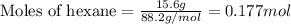 \text{Moles of hexane}=\frac{15.6g}{88.2g/mol}=0.177mol