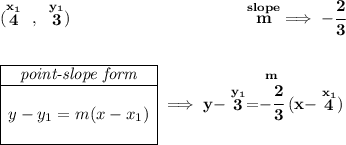 \bf (\stackrel{x_1}{4}~,~\stackrel{y_1}{3})~\hspace{10em} \stackrel{slope}{m}\implies -\cfrac{2}{3} \\\\\\ \begin{array}{|c|ll} \cline{1-1} \textit{point-slope form}\\ \cline{1-1} \\ y-y_1=m(x-x_1) \\\\ \cline{1-1} \end{array}\implies y-\stackrel{y_1}{3}=\stackrel{m}{-\cfrac{2}{3}}(x-\stackrel{x_1}{4})