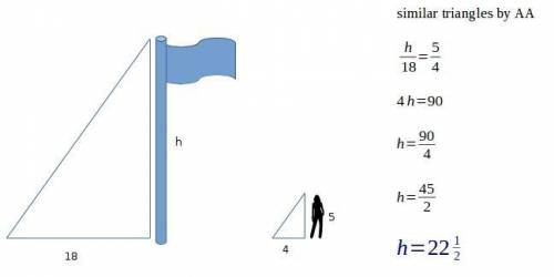 Aflagpole casts a shadow 18 ft long. at the same time, rachael casts a shadow that is 4 ft long. if