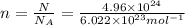 n=\frac{N}{N_A}=\frac{4.96\times 10^{24}}{6.022\times 10^{23} mol^{-1}}