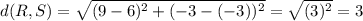 d(R,S)=\sqrt{(9-6)^2+(-3-(-3))^2}=\sqrt{(3)^2}=3