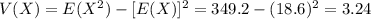 V(X) = E(X^2)-[E(X)]^2=349.2-(18.6)^2=3.24