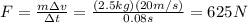 F=\frac{m \Delta v}{\Delta t}=\frac{(2.5 kg)(20 m/s)}{0.08 s}=625 N