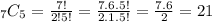 _{7} C_{5} = \frac{7!}{2!5!} = \frac{7.6.5!}{2.1.5!} = \frac{7.6}{2}=21