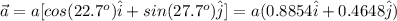\vec{a} = a[cos(22.7^{o})\hat{i} + sin(27.7^{o})\hat{j}] =  a(0.8854\hat{i} + 0.4648\hat{j})