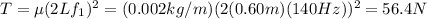 T=\mu (2Lf_1)^2=(0.002 kg/m)(2(0.60 m)(140 Hz))^2=56.4 N