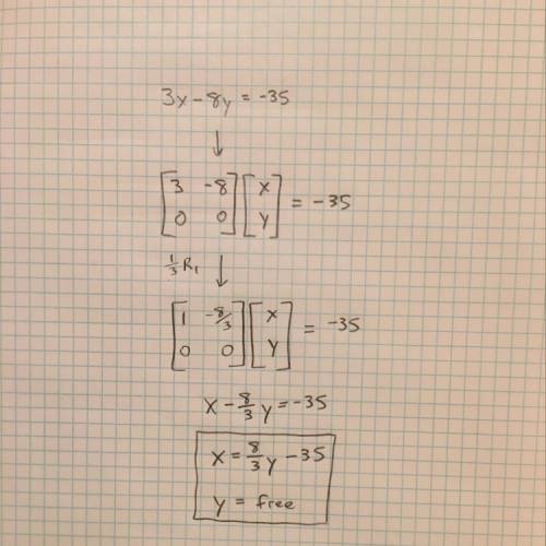 Using a matrix equation solve 3x-8y=-35