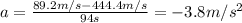 a=\frac{89.2 m/s - 444.4 m/s}{94 s}=-3.8 m/s^2