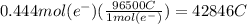 0.444 mol (e^-)(\frac{96500 C}{1 mol (e^-)} )=42846 C