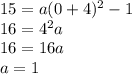 15=a(0+4)^2-1\\16=4^2a\\16=16a\\a=1