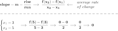 \bf slope = {{ m}}= \cfrac{rise}{run} \implies &#10;\cfrac{{{ f(x_2)}}-{{ f(x_1)}}}{{{ x_2}}-{{ x_1}}}\impliedby &#10;\begin{array}{llll}&#10;average\ rate\\&#10;of\ change&#10;\end{array}\\\\&#10;-------------------------------\\\\&#10;\begin{cases}&#10;x_1=3\\&#10;x_2=5&#10;\end{cases}\implies \cfrac{f(5)-f(3)}{5-3}\implies \cfrac{0-0}{2}\implies \cfrac{0}{2}\implies 0