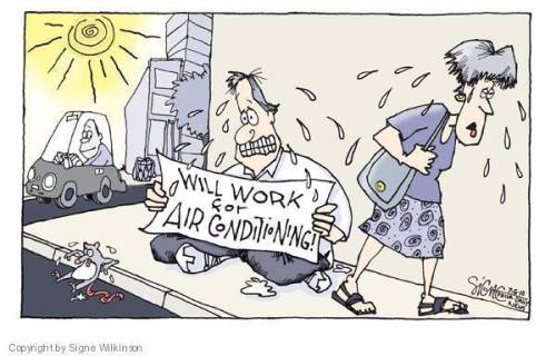 Study the editorial cartoon by signe wilkinson. a man sits, sweating on a city sidewalk. a passerby