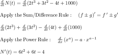 \frac{d}{dt}N(t)=\frac{d}{dt}(2t^3+3t^2-4t+1000)\\\\\mathrm{Apply\:the\:Sum/Difference\:Rule}:\quad \left(f\pm g\right)'=f\:'\pm g'\\\\\frac{d}{dt}(2t^3)+\frac{d}{dt}(3t^2)-\frac{d}{dt}(4t)+\frac{d}{dt}(1000)\\\\\mathrm{Apply\:the\:Power\:Rule}:\quad \frac{d}{dx}\left(x^a\right)=a\cdot x^{a-1}\\\\N'(t)=6t^2+6t-4
