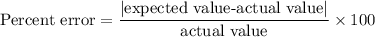 \text{Percent error}=\dfrac{|\text{expected value-actual value}|}{\text{actual value}}\times100