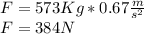 F=573Kg *0.67\frac{m}{s^{2} }\\F=384N
