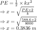 PE=\frac{1}{2}\times kx^2\\\Rightarrow x=\sqrt{\frac{PE\times 2}{k}}\\\Rightarrow x=\sqrt{\frac{588.6\times 2}{8000}}\\\Rightarrow x=0.3836\ m