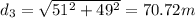 d_3 = \sqrt{51^2+49^2} = 70.72 m