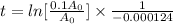t = ln [ \frac{0.1 A_0}{ A_0}] \times \frac{1}{- 0.000124}