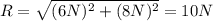 R=\sqrt{(6 N)^2 + (8 N)^2}=10 N