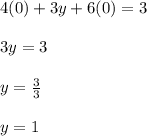 4(0)+3y+6(0)=3\\\\3y=3\\\\y=\frac{3}{3}\\\\y=1