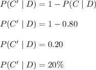 P(C'\mid D)=1-P(C\mid D)\\\\P(C'\mid D)=1-0.80\\\\P(C'\mid D)=0.20\\\\P(C'\mid D)=20\%