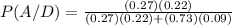 P (A/D) = \frac{(0.27)(0.22)}{(0.27)(0.22)+(0.73)(0.09)}