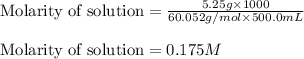 \text{Molarity of solution}=\frac{5.25g\times 1000}{60.052g/mol\times 500.0mL}\\\\\text{Molarity of solution}=0.175M