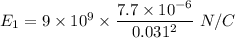 E_1=9\times 10^9\times \dfrac{7.7\times 10^{-6}}{0.031^2}\ N/C