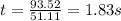 t=\frac{93.52}{51.11}=1.83s