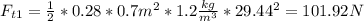 F_{t1} = \frac{1}{2} * 0.28 * 0.7m^{2} * 1.2\frac{kg}{m^{3} }* 29.44^{2}= 101.92 N