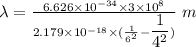\lambda=\frac{6.626\times 10^{-34}\times 3\times 10^8}{{2.179\times 10^{-18}}\times (\frac{1}{6^2} - \dfrac{1}{4^2})}\ m