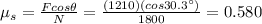 \mu_s = \frac{F cos \theta}{N}=\frac{(1210)(cos 30.3^{\circ})}{1800}=0.580