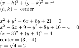 (x-h)^2+(y-k)^2=r^2\\&#10;(h,k)-\text{ center}\\\\&#10;x^2+y^2-6x+8y+21=0\\&#10;x^2-6x+9+y^2+8y+16-4=0\\&#10;(x-3)^2+(y+4)^2=4\\&#10;\text{center}=(3,-4)\\&#10;r=\sqrt4=2
