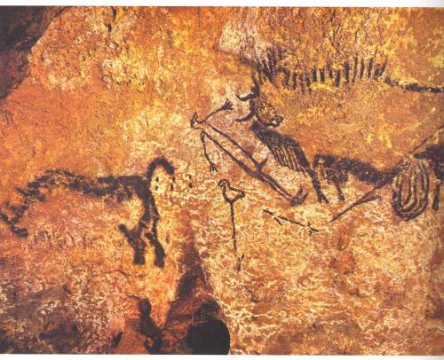 The painting rhinoceros, wounded man, and disemboweled bison is unique in paleolithic art regarding